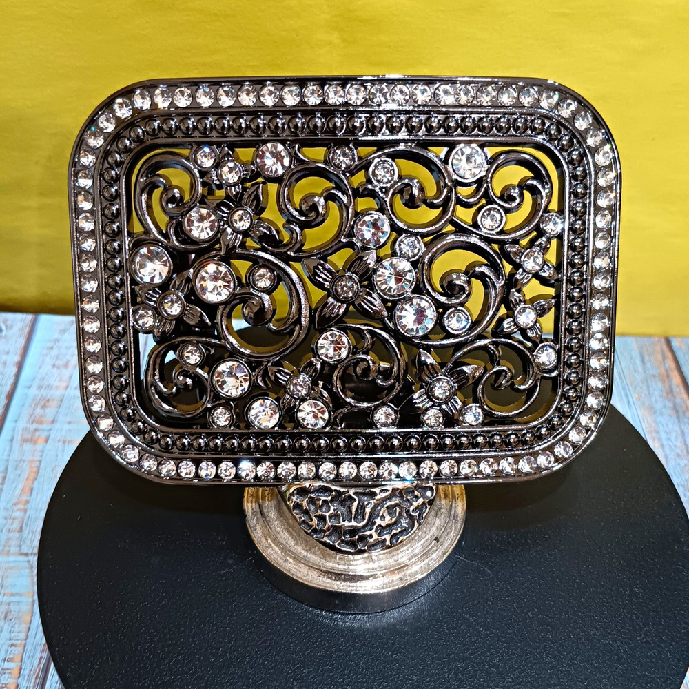 Western Floral Filigree Rhinestone Belt Buckle black Tone fits upto 2 " belt